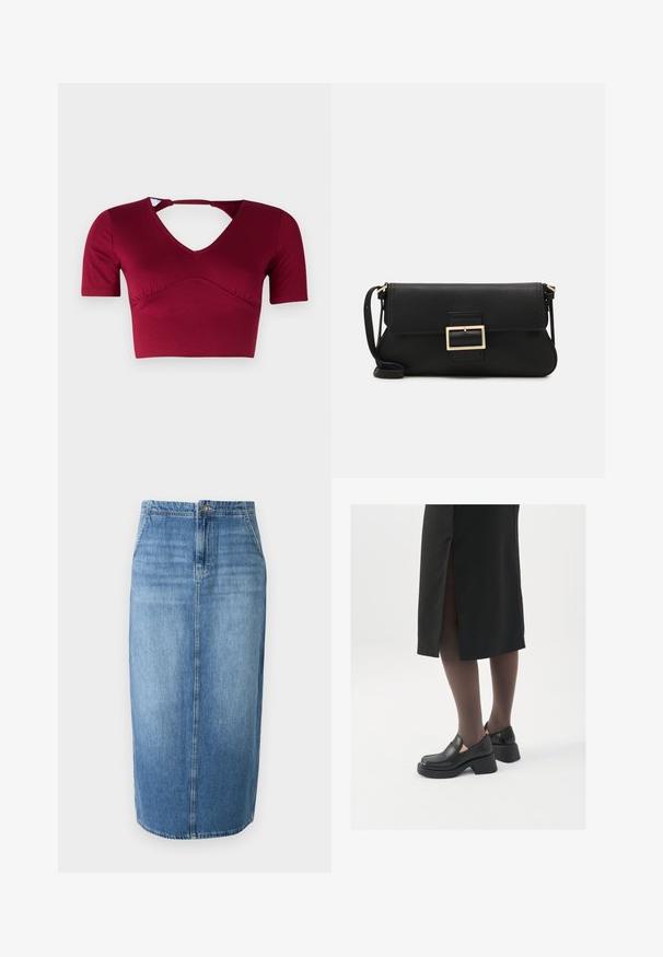 Zwarte gewatteerde jas met capuchon, ritssluiting aan de voorkant, gestikt patroon en elastische manchetten. Gemaakt van glad synthetisch materiaal.; Bordeaux crop top gemaakt van een gladde stof, met korte mouwen, een V-halslijn en een uitsnijding achter met een gathered voorkant ontwerp.; Lichtblauwe denim kokerrok met een rechte snit, voor sluiting met knopen en subtiele vervaging. De zoomlijn ligt net boven de knie.; Zwarte leren schoenen met een ronde neus, dikke blokhak en elastische zijkanten, gecombineerd met donkere panty's en een zwarte rok met een split.; Zwarte leren clutch met een klep en een gouden metalen sluiting. Inclusief een zwarte schouderband en een slank, minimalistisch ontwerp.