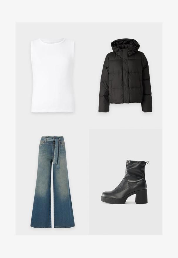 Giubbotto piumino nero con cappuccio, chiusura frontale con zip, motivo trapuntato e polsini elasticizzati. Realizzato in materiale sintetico liscio.; Maglietta senza maniche bianca in cotone, con scollo rotondo e una trama liscia e morbida. Orlo dritto senza dettagli aggiuntivi.; Pantaloni in denim a gamba larga con una sfumatura che va dal blu chiaro al blu scuro, vita alta, passanti per cintura e una cintura in tessuto coordinato. Finitura in denim strutturato.; Stivali neri alla caviglia in pelle liscia, con zip laterale, tacco spesso e texture, e punta arrotondata.