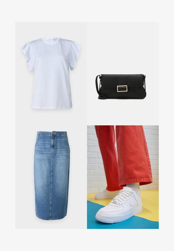 Musta puffatakki hupulla, vetoketjukiinnityksellä, tikattu kuvio ja elastiset hihansuut. Valmistettu sileästä synteettisestä materiaalista.; Valkoinen t-paita lyhyillä röyhelösateilla, pyöreä kaula-aukko ja pehmeää puuvillakangasta. Yksinkertainen muotoilu ilman kuvioita tai koristeita.; Vaaleansininen farkuhame, joka on suorassa leikkauksessa, etupainonappikiinnitys ja hienovarainen haalistuminen. Helma on hieman polven yläpuolella.; Valkoinen nahkakengät, joissa on rei'itetty varvasosa, teksturoitu pohja ja valkoiset nauhat, yhdistettynä leveisiin punaisiin housuihin ja sinikeltaiseen taustaan.; Musta nahkainen kynäpenkkilaukku, jossa on läppä ja kultainen metallinen solkiyksityiskohta. Mukana musta hihna ja tyylikäs, minimalistinen muotoilu.