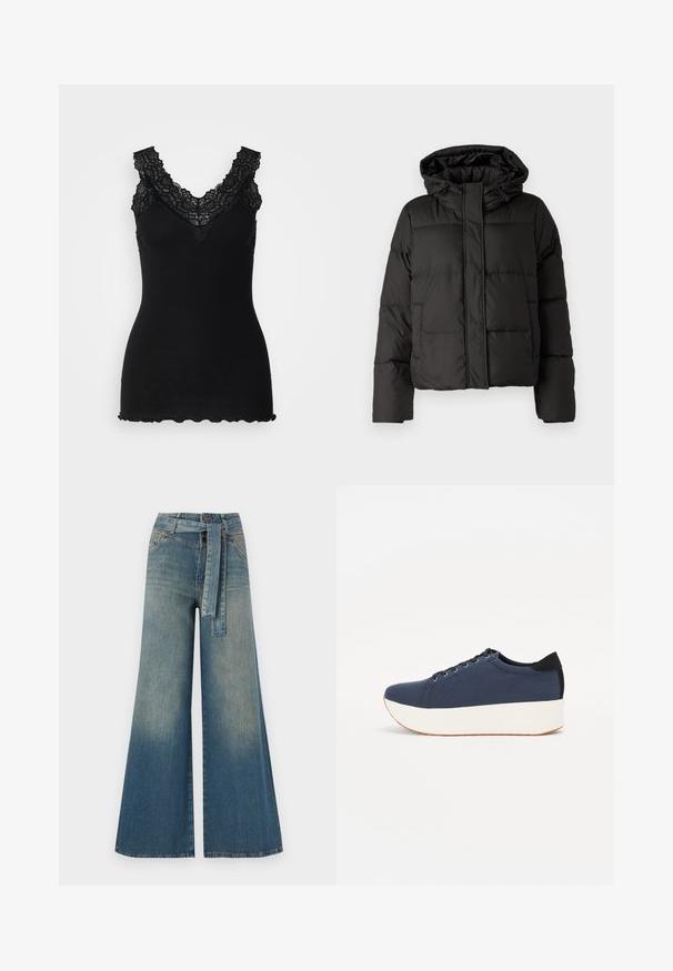 Geacă puffer neagră cu glugă, închidere cu fermoar în față, model matlasat și manșete elastice. Realizată din material sintetic neted.; Top negru din bumbac cu un model canelat, acoperit cu detalii din dantelă la decolteu în formă de V și margine ondulată. Textura este moale, evidențiind designul său ajustat.; Pantaloni din denim largi, cu un gradient de la albastru deschis la albastru închis, talie înaltă, bucle pentru curea și o curea din același material. Finisaj texturat din denim.; Sneaker albastru închis, cu un material texturat pe partea superioară, talpă platformă albă, vârf rotunjit și accent de călcâi negru. Dispune de șase găuri pentru șireturi.