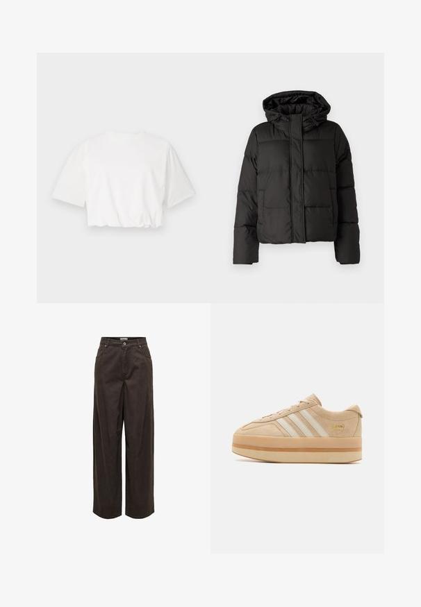 Giubbotto piumino nero con cappuccio, chiusura frontale con zip, motivo trapuntato e polsini elasticizzati. Realizzato in materiale sintetico liscio.; T-shirt bianco a maniche corte puff, con scollo rotondo e orlo inferiore arricciato, realizzato in morbido cotone.; Pantaloni a gamba larga in marrone scuro, realizzati in cotone, con una vita classica, chiusura zip, cinque tasche e dettagli di cucitura minimalisti.; Sneakers platform in suede beige con tre strisce bianche, punta rotonda e suola in gomma beige con un accento di logo dorato di lato.