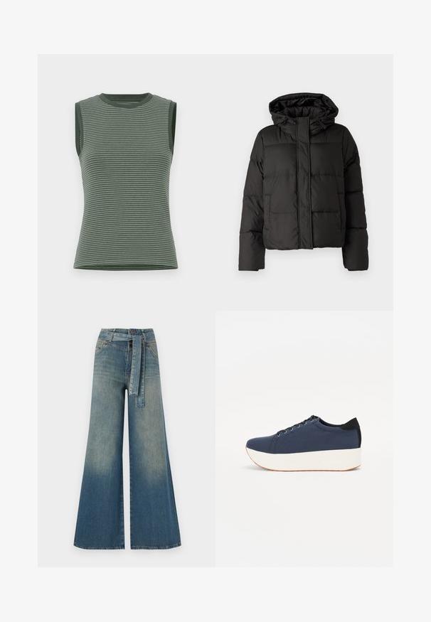 Black puffer jacket with a hood, zip front closure, quilted pattern, and elastic cuffs. Made from smooth synthetic material.; Sleeveless top in muted green, featuring horizontal stripes, ribbed texture, and a crew neckline with contrasting armhole trims.; Wide-leg denim trousers featuring a light to dark blue gradient, high waist, belt loops, and a matching fabric belt. Textured denim finish.; Navy blue sneaker with a textured fabric upper, white platform sole, rounded toe, and black heel accent. Features six eyelets for laces.
