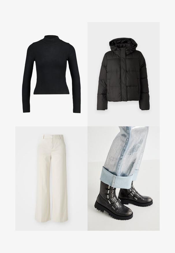 Juodas pūkinis džinsas su kapišonu, užtrauktuku priekyje, siuvinėtu raštu ir elastingais rankogaliais. Pagamintas iš lygios sintetinės medžiagos.; Juodas ilgomis rankovėmis turtleneko stiliaus viršus, pagamintas iš pintos medžiagos, pasižymintis prigludusia išvaizda ir liekna siluetu. Be raštų ar puošmenų.; Pločios kojos kelnės šviesiai bežinės spalvos, pagamintos iš lygaus audinio. Yra klasikinis juosmens dizainas ir lygūs priekiniai įsiuvai su švariomis linijomis.; Juodi odiniai kulkšninių batai su penkiomis sidabrinėmis sagtimis, masyviu juodu padu, derinami su sukrytomis šviesiai mėlynomis metalizuotomis džinsomis.