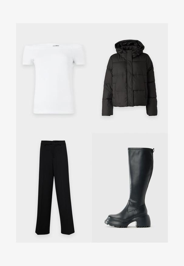 Fekete puffernadrág kapucnival, elöl cipzárral záródik, steppelt mintázattal és elasztikus mandzsettákkal rendelkezik. Simább szintetikus anyagból készült.; Fehér, váll nélküli, rövid ujjú póló, puha pamut anyagból készült, testhezálló kialakítással és egyenes aljjal.; Fekete, széles szárú nadrág sima anyagból, klasszikus derékrésszel, gombzárral és elülső redőkkel.; Magas fekete bőrcipő, vastag platform talppal és blokk sarokkal, húzófüllel és texturált profillal az outsole-on.