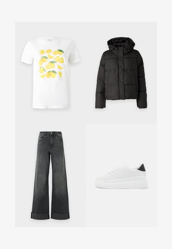 Black puffer jacket with a hood, zip front closure, quilted pattern, and elastic cuffs. Made from smooth synthetic material.; White cotton t-shirt featuring a colorful lemon graphic with yellow lemons and green leaves in various arrangements. Short sleeves.; High-waisted black wide-leg jeans with cuffed hems, front button, and pockets, displayed against a plain light background.; White platform sneakers made of smooth synthetic material, featuring a rounded toe, lace-up design, and a textured rubber sole. Black heel accent.