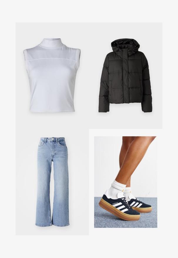 Black puffer jacket with a hood, zip front closure, quilted pattern, and elastic cuffs. Made from smooth synthetic material.; White sleeveless top with a high neck, smooth texture, and a cropped design. Features a horizontal seam across the chest.; Light blue high-waist wide-leg jeans with front and back pockets, button closure, and subtle fading on the thighs and hems.; Black suede sneakers with white stripes and accents, rounded toe, gum rubber outsole, paired with white ribbed crew socks.