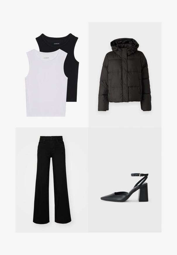 Crna puffer jakna s kapuljačom, zatvaranjem na zip, kviltanim uzorkom i elastičnim manžetama. Izrađena od glatkog sintetičkog materijala.; Dva majica bez rukava u crnoj i bijeloj boji, izrađene od rebrastog pamuka, s okruglim izrezima i prianjajućim dizajnom. Oznake su vidljive na obje.; Crne široke traperice s čvrstim pojasom, petljama za remen i prednjim džepovima. Gladak teksturirani materijal s klasičnim dizajnom.; Crne kožne cipele s špicastim vrhom, remenom oko gležnja i debelim potplatom. Ravna tekstura, elegantan dizajn i minimalistička estetika.