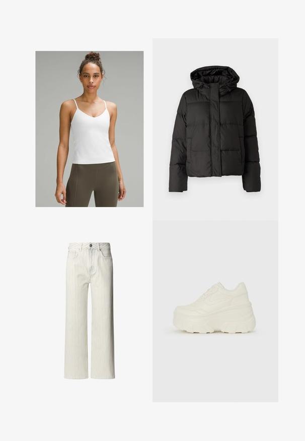 Giubbotto piumino nero con cappuccio, chiusura frontale con zip, motivo trapuntato e polsini elasticizzati. Realizzato in materiale sintetico liscio.; Camicetta bianca con spalline sottili, design a V, texture liscia, silhouette aderente, abbinata a leggings verdi oliva a vita alta.; Pantaloni a gamba larga di colore chiaro con strisce verticali, realizzati in tessuto di cotone. Presentano una vita con bottoni e passanti per cintura.; Sneakers bianchi con piattaforma, caratterizzati da una parte superiore simile alla pelle liscia, forma arrotondata, collo imbottito e suola in gomma testurizzata con scanalature ben definite.