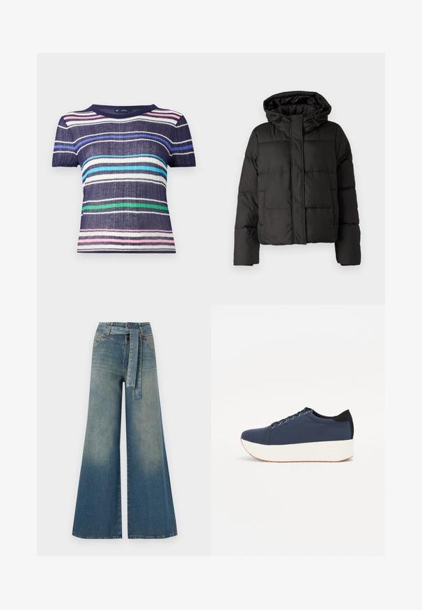 Czarna puchowa kurtka z kapturem, z zamkiem z przodu, pikowany wzór i elastyczne mankiety. Wykonana z gładkiego materiału syntetycznego.; Koszulka z krótkim rękawem w granatowej bazie, z poziomymi paskami w kolorach: różowym, białym, jasnoniebieskim, zielonym i ciemnoniebieskim. Materiał o fakturze.; Szerokie spodnie dżinsowe z gradientem od jasnoniebieskiego do ciemnoniebieskiego, wysokim stanem, szlufkami na pasek oraz pasującym paskiem z tkaniny. Teksturowany wykończenie dżinsu.; Granatowe trampki z teksturowanej tkaniny, biała platforma, okrągły nosek i czarny akcent na pięcie. Posiadają sześć oczek na sznurówki.