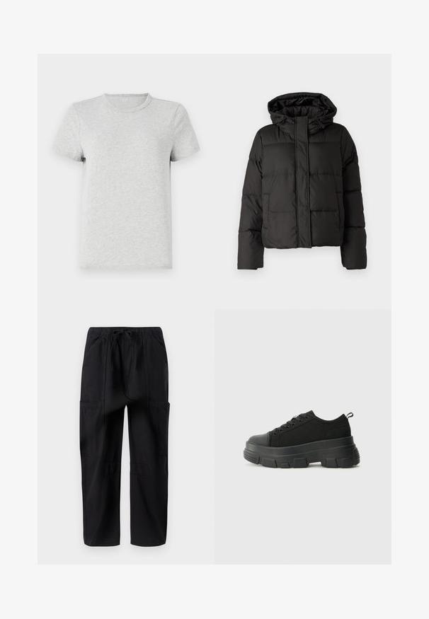 Geacă puffer neagră cu glugă, închidere cu fermoar în față, model matlasat și manșete elastice. Realizată din material sintetic neted.; Tricou din bumbac gri deschis, cu mâneci scurte și guler rotund clasic. Textură netedă, fără modele sau accente vizibile.; Pantaloni cargo din bumbac negru, cu o croială relaxată, având un tiv elastic și mai multe buzunare laterale pentru un plus de utilitate.; Adidași negri cu talpă groasă din cauciuc, superior din material texturat, bot rotund și design cu șireturi. Include gauri întărite pentru șireturi și o buclă pe spate.