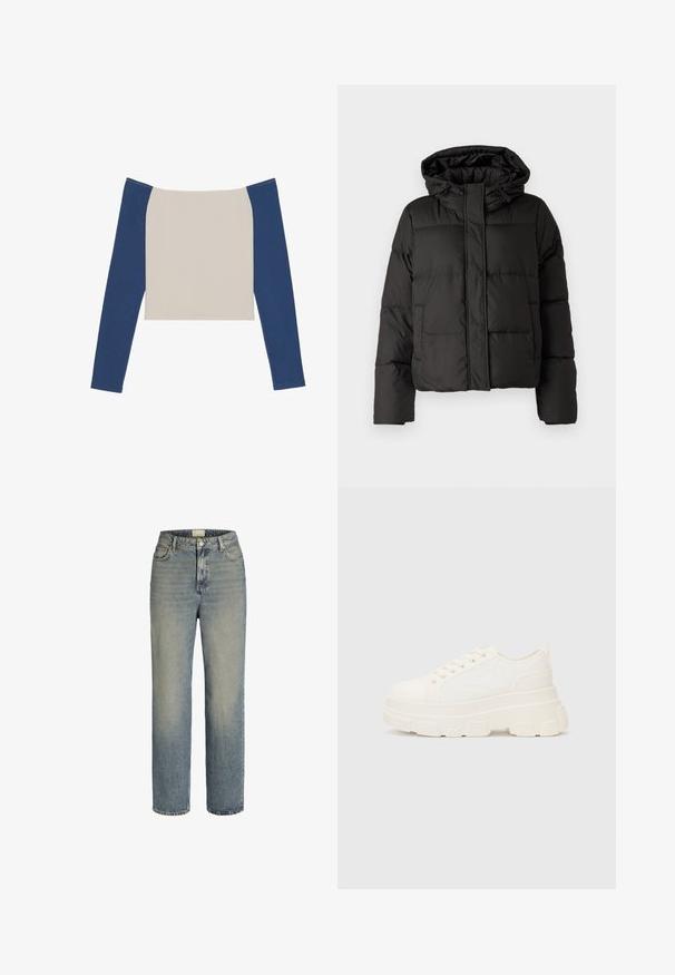 Schwarze Daunenjacke mit Kapuze, Reißverschluss auf der Vorderseite, gestepptem Muster und elastischen Bündchen. Hergestellt aus glattem Synthetikmaterial.; Langärmliges Oberteil mit einem off-weißen Körper und dunkelblaue Ärmeln, mit einem weiten Halsausschnitt und einem cropped Design. Weiche, glatte Stofftextur.; Hellblaue Jeans aus Denim mit geradem Bein, hoher Taille, Fünf-Taschen-Stil und dezentem Verblassen. Mit Metallknopf und Reißverschluss.; Weiße Leinensneaker mit einer massiven Sohle, abgerundeter Spitze und fünf Ösen für Schnürsenkel. Hinterer Tab für ein einfaches Anziehen. Glatte Textur, minimalistisches Design.