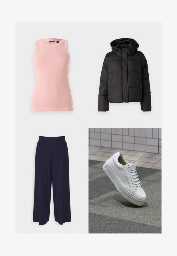 Crna puffer jakna s kapuljačom, zatvaranjem na zip, kviltanim uzorkom i elastičnim manžetama. Izrađena od glatkog sintetičkog materijala.; Majica bez rukava u svijetloružičastoj boji, pletena, s teksturiranim uzorkom, okruglim izrezom i rebrastim rubovima. Jednostavan i prilagodljiv dizajn.; Hlače širokih nogavica od tamnoplavog materijala s reljefnom teksturom. Imaju glatki pojas i lepršavi siluet, dosežu do sredine potkoljenice.; Bijeli kožni tenisice s niskim dizajnom, ravnim vezicama, zaobljenim vrhom i teksturiranim stranama. Debeli gumeni potplat s suptilnim naglascima.