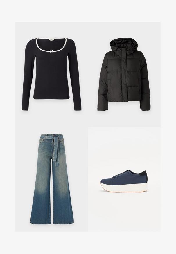 Melna pūkainā jaka ar kapuci, ar rāvējslēdzēju priekšpusei, ar izšūtu rakstu un elastīgām aprocēm. Izgatavota no gludas sintētiskas vielas.; Melna garā piedurkņu blūze ar kvadrātveida kaklu, baltiem akcentiem un mazu loku centrā. Mīksts, ribots audums ar pieguļošu formu.; Platām kājām džinsu bikses ar gaismas līdz tumši zilam gradientam, augstu jostas līniju, jostas cilpām un atbilstošu auduma jostu. Tekstūrēts džinsas apdare.; Navy zilo apavi ar strukturētu auduma augšdaļu, baltu platformas zoli, noapaļotu pirkstu daļu un melnu papēža akcentu. Iekļautas sešas acs caurumi šnuķēšanai.