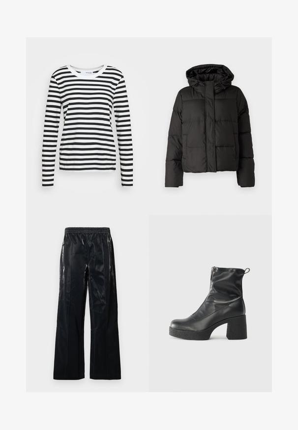 Černá péřová bunda s kapucí, zipovým zapínáním, prošívaným vzorem a elastickými manžetami. Vyrobena z hladkého syntetického materiálu.; Černobíle pruhovaná košile s dlouhými rukávy, kulatým výstřihem a volným střihem. Bavlněný materiál s hladkou texturou.; Černé široké kalhoty vyrobené z lesklého materiálu. Mají elastický pas a vertikální švy pro strukturu a design. Hladká textura.; Černé kotníkové boty vyrobené z hladké kůže, s bočním zipem, robustním strukturovaným podpatkem a kulatou špičkou.