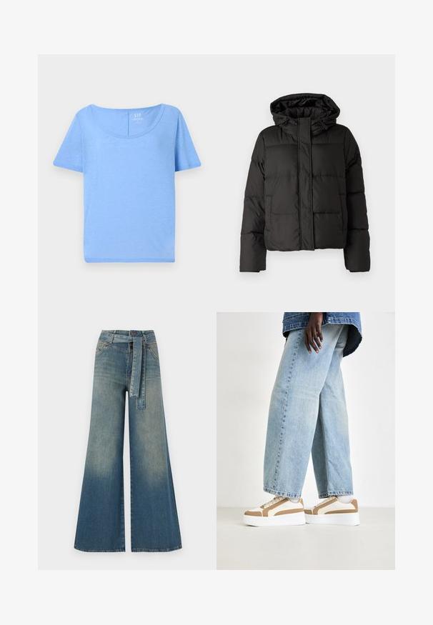 Juodas pūkinis džinsas su kapišonu, užtrauktuku priekyje, siuvinėtu raštu ir elastingais rankogaliais. Pagamintas iš lygios sintetinės medžiagos.; Šviesiai mėlynas trumpomis rankovėmis marškinėliai, pagaminti iš minkštos medžiagos, su apvaliu kaklo iškirpimu ir laisvu pasieniu, su minimaliais siuvinėjimo detalėmis.; Platus džinsinis kelnes su šviesiai tamsiai mėlynu gradientu, aukštu juosmeniu, diržo kilpomis ir atitinkančiu audinio diržu. Textūruotas džinsinis paviršius.; Platformos sportbačiai su balta pakulne, smėlio spalvos akcentais ir įvairių audinių tekstūromis, derinami su plačiomis šviesiai mėlynomis džinsinėmis kelnių.