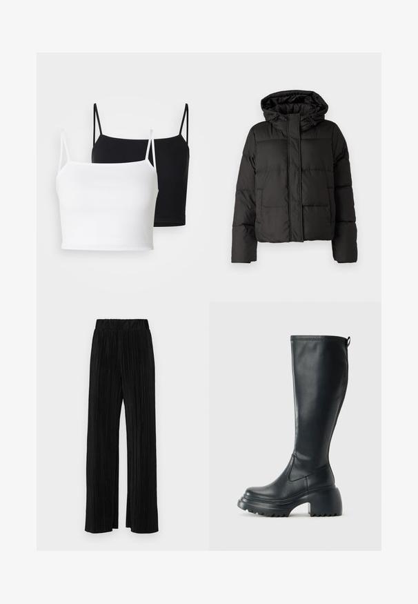 Juodas pūkinis džinsas su kapišonu, užtrauktuku priekyje, siuvinėtu raštu ir elastingais rankogaliais. Pagamintas iš lygios sintetinės medžiagos.; Du iki dryžuoti marlės marškiniai balta ir juoda, su plonais reguliuojamais petnešomis ir trumpa iškirpte. Minkšta medžiaga su lygia tekstūra.; Juodi plisuoti kelnės su elastine juosta. Turėkite plačias kojas ir glotnų, tekstūrinį audinį su vertikaliais dryžiais.; Ilgas juodos odinės batai su masyvi platforma ir stačiakampiu kulnu, turintys traukimo kilpą ir tekstūruotą pado raštą.