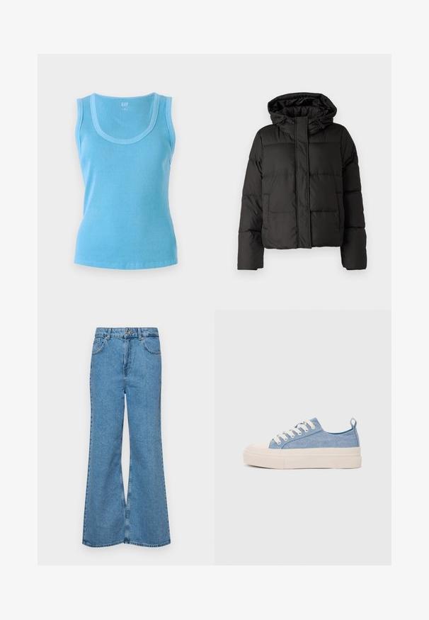 Geacă puffer neagră cu glugă, închidere cu fermoar în față, model matlasat și manșete elastice. Realizată din material sintetic neted.; Top fără mâneci, de culoare albastră deschisă, cu un decolteu curbat și un design cu model în dungi. Fabricat dintr-un material tricotat, având o siluetă ajustată și un tiv curat.; Jeanși evazați de culoare albastru deschis, din denim, cu talie înaltă, cinci buzunare și închidere cu un singur buton. Textură moale cu un finisaj decolorat.; Sneakers din pânză de culoare albastru deschis, cu vârf și talon din cauciuc crem, având șireturi albe și un maner pe călcâi.