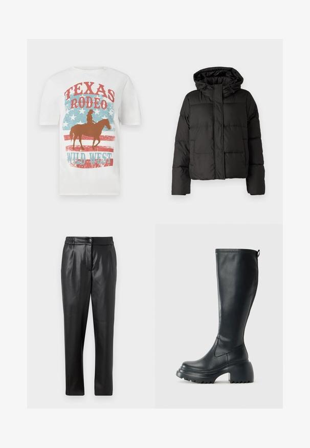 Czarna puchowa kurtka z kapturem, z zamkiem z przodu, pikowany wzór i elastyczne mankiety. Wykonana z gładkiego materiału syntetycznego.; Biała bawełniana koszulka z wizerunkiem kowboja na koniu, z grafiką "Texas Rodeo Wild West" w kolorach czerwonym i niebieskim, z efektami przetarcia i tłem w gwiazdy.; Czarne skórzane spodnie o gładkiej fakturze, prostym kroju, elastycznym pasie i zapięciu na guzik z przodu; z plisowanymi detalami i zwężanymi nogawkami.; Wysokie czarne skórzane botki z masywną platformą i słupkowym obcasem, z uchwytem i teksturowanym bieżnikiem na podeszwie.
