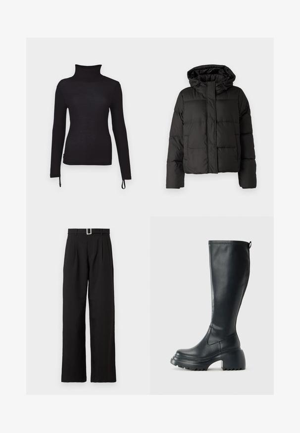 Zwarte gewatteerde jas met capuchon, ritssluiting aan de voorkant, gestikt patroon en elastische manchetten. Gemaakt van glad synthetisch materiaal.; Zwarte langemouwige turtleneck shirt, slim fit, geribbelde textuur, uitgerust met verstelbare trekkoorden aan de zoom voor een aanpasbare lengte.; Zwarte hoge taille wijde broek met riemlussen en een zilveren rechthoekige gesp op een witte achtergrond.; Hoge zwarte leren laars met een chunky plateauzool en blokhak, voorzien van een trekband en een gestructureerd profiel op de buitenzool.