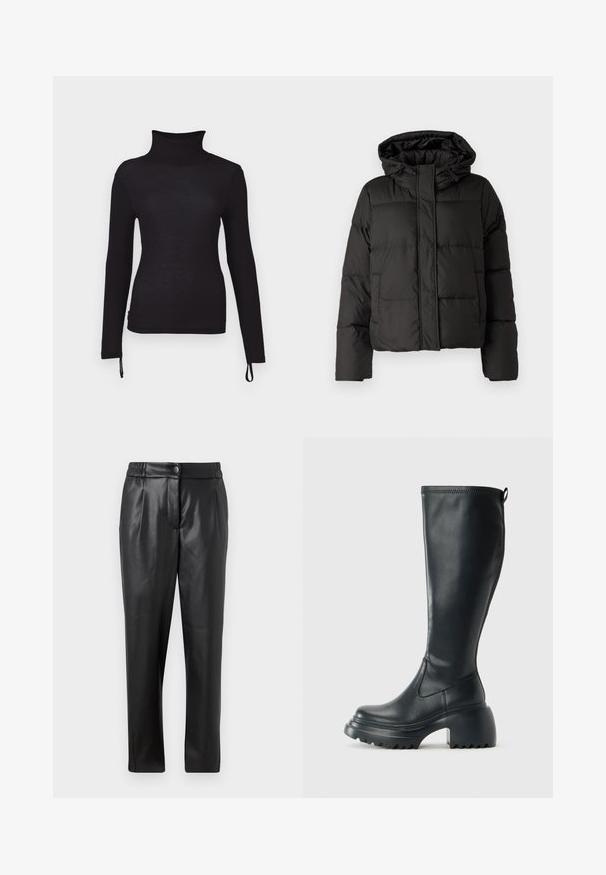 Černá péřová bunda s kapucí, zipovým zapínáním, prošívaným vzorem a elastickými manžetami. Vyrobena z hladkého syntetického materiálu.; Černé dlouhé rukávy, rolák, úzký střih, žebrovaná textura, s nastavitelnými šňůrkami na lemu pro přizpůsobitelnou délku.; Černé kožené kalhoty s hladkou texturou, rovným střihem, elastickým pasem a zapínáním na knoflík vpředu; s plisovanými detaily a zúženými nohavicemi.; Vysoká černá kožená bota s masivní platformou a blokovým podpatkem, s poutkem a texturovaným vzorkem na podrážce.