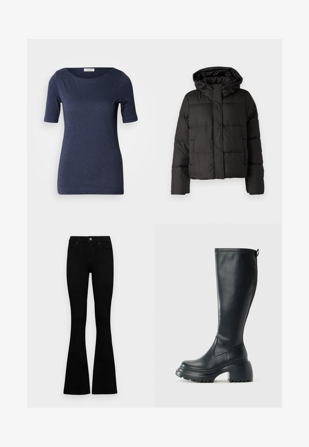 Fekete puffernadrág kapucnival, elöl cipzárral záródik, steppelt mintázattal és elasztikus mandzsettákkal rendelkezik. Simább szintetikus anyagból készült.; Tengerészkék, rövidujjú póló kerek nyakkivágással, puha, textúrált anyagból készült. Az alja épp a csípő alatt végződik.; Fekete, magas derekú farmernadrág gomb- és cipzárzárral, elülső zsebekkel és harangszárral, laposan egy fehér háttérre terítve.; Magas fekete bőrcipő, vastag platform talppal és blokk sarokkal, húzófüllel és texturált profillal az outsole-on.