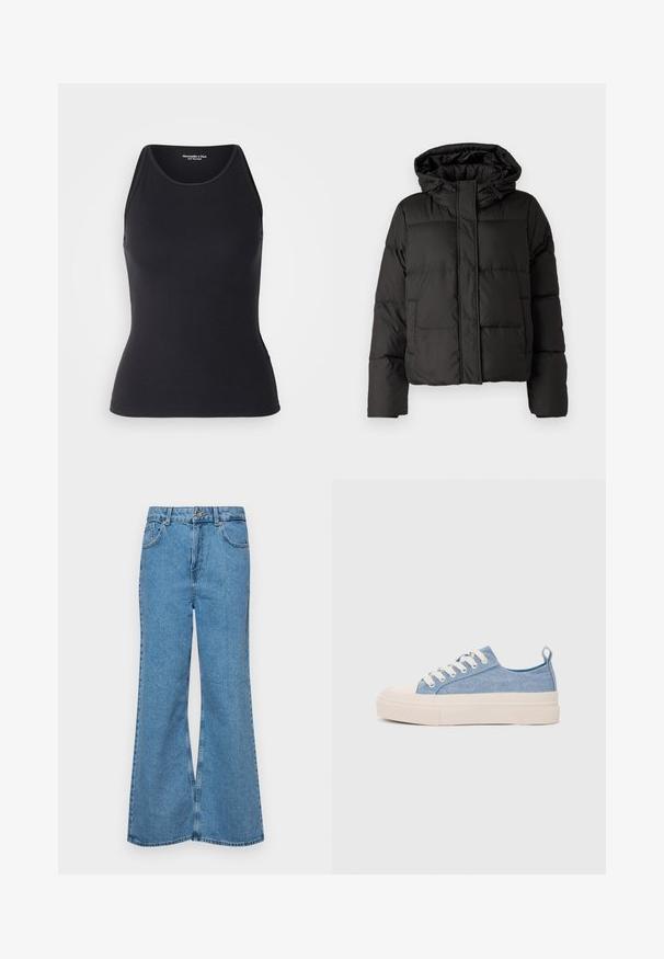 Melna pūkainā jaka ar kapuci, ar rāvējslēdzēju priekšpusei, ar izšūtu rakstu un elastīgām aprocēm. Izgatavota no gludas sintētiskas vielas.; Abercrombie & Fitch HIGHNECK 4WAY CURVE HEM CAMI - Tops - black beauty; Gaiši zili, platā piegriezuma džinsi, kas izgatavoti no denima, ar augstu jostasvietu, piecām kabatām un vienu pogu. Mīksta tekstūra ar nolietotu apdari.; Gaiši zili kanvas sneakeri ar krēmkrāsas gumijas pirksta aizsargu un ārējo zoli, aprīkoti ar baltām šņorēm un cilpu uz papēža.