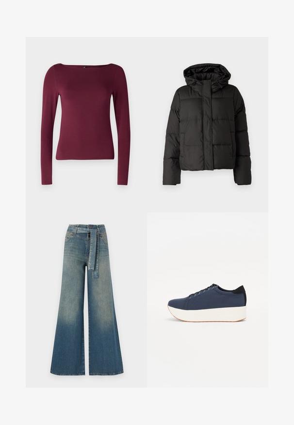 Black puffer jacket with a hood, zip front closure, quilted pattern, and elastic cuffs. Made from smooth synthetic material.; ONLY ONLLIVE LOVE - Long sleeved top - burgundy; Wide-leg denim trousers featuring a light to dark blue gradient, high waist, belt loops, and a matching fabric belt. Textured denim finish.; Navy blue sneaker with a textured fabric upper, white platform sole, rounded toe, and black heel accent. Features six eyelets for laces.