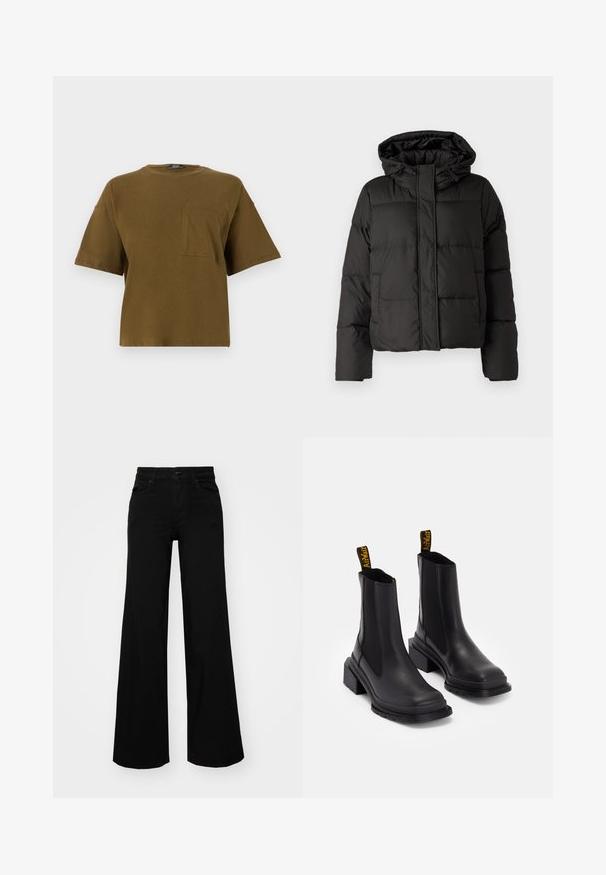 Geacă puffer neagră cu glugă, închidere cu fermoar în față, model matlasat și manșete elastice. Realizată din material sintetic neted.; Tricou din bumbac de culoare verde măsliniu, cu guler circular, mâneci scurte și un buzunar pe piept. Design simplu și croială lejeră. Textură netedă.; Pantaloni negri cu picioare largi, din denim, cu un brau structurat, bucle pentru curea și buzunare frontale. Textură netedă, cu un design clasic.; Cizme negre până la gleznă, din piele netedă, cu panouri laterale elastice, vârf pătrat și toc masiv. Include taburi de prindere cu marcaj galben.