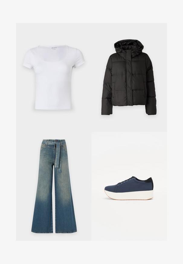 Must musterk jacket, millede, tõmbluku ees sulgemine, tikandmuster ja elastsed mansetid. Valmistatud siledast sünteetilisest materjalist.; Valge lühikeste varrukatega t-särk ruudukujulise kaelusega ja sileda, veniva kangaga. Omab puhtaid õmblusi ja keha lähedast disaini.; Laiad denimpüksid, millel on hele tume sinine gradiendiefekt, kõrge vöökoht, vöökumlid ja sobivast kangast vöö. Struktureeritud denimi viimistlus.; Tumedat sinised tennised tekstureeritud riidest pealispinnaga, valge platvormi tallaga, ümarate varvaste ja musta kontsapaneeliga. Omab kuut silma paelte jaoks.