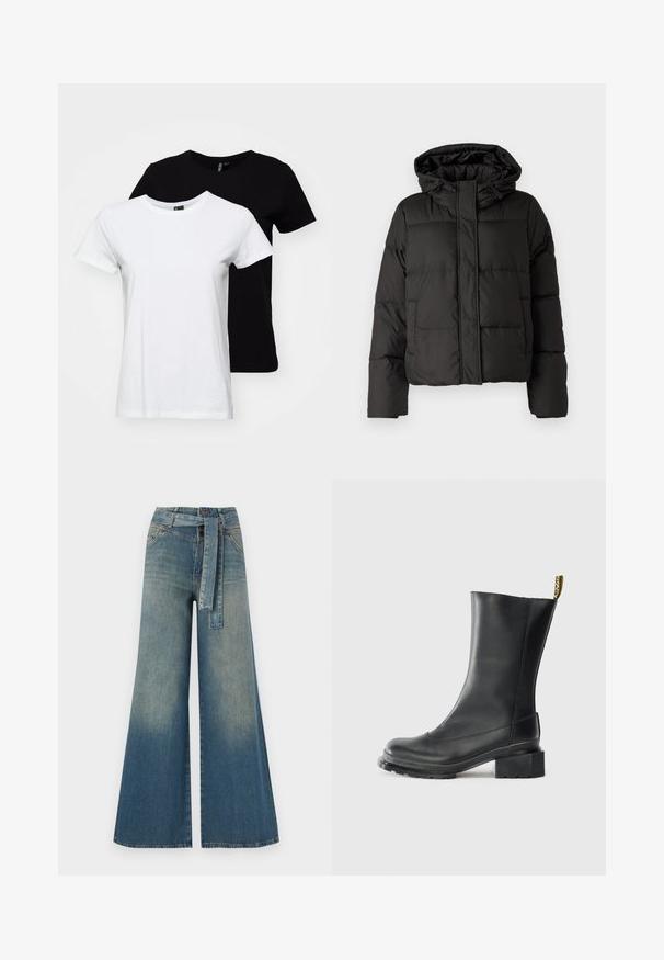 Black puffer jacket with a hood, zip front closure, quilted pattern, and elastic cuffs. Made from smooth synthetic material.; Two short-sleeve t-shirts: one white and one black. Made of cotton, featuring a classic crew neck design with a smooth texture.; Wide-leg denim trousers featuring a light to dark blue gradient, high waist, belt loops, and a matching fabric belt. Textured denim finish.; Black leather ankle boot with a block heel, smooth texture, rounded toe, and a heel tab featuring yellow branding.