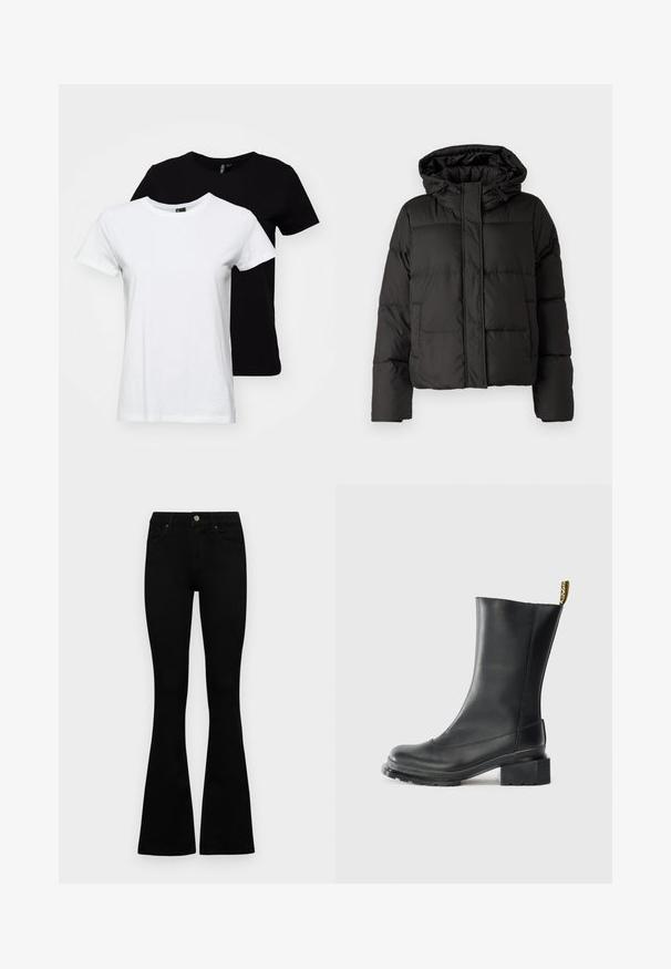 Fekete puffernadrág kapucnival, elöl cipzárral záródik, steppelt mintázattal és elasztikus mandzsettákkal rendelkezik. Simább szintetikus anyagból készült.; Két rövid ujjú póló: az egyik fehér, a másik fekete. Pamutból készült, klasszikus kerek nyakú dizájnnal és sima tapintással.; Fekete, magas derekú farmernadrág gomb- és cipzárzárral, elülső zsebekkel és harangszárral, laposan egy fehér háttérre terítve.; Fekete bőrből készült bokacsizma, blokk sarkú, sima textúrával, kerek orral és sarkán sárga márkajelzés található.