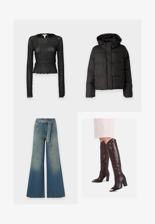 Svart pufferjakke med hette, glidelås foran, quiltet mønster og elastiske ermer. Laget av glatt syntetisk materiale.; Svart langermet topp laget av teksturert blonder, med en bølget halslinje og tettsittende design med en kort silhuett.; Bredde ben jeans med en lyseblå til mørkeblå gradient, høyt liv, beltehemper og et matchende belte i samme stoff. Teksturert denimoverflate.; Brune lærhøye støvler med spiss tå, gullhette og glidelås på siden. De har en kraftig hæl og en glatt tekstur.