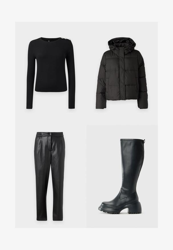 Schwarze Daunenjacke mit Kapuze, Reißverschluss auf der Vorderseite, gestepptem Muster und elastischen Bündchen. Hergestellt aus glattem Synthetikmaterial.; Schwarzes, langärmliges, geripptes Oberteil mit rundem Ausschnitt und drei dekorativen Knöpfen auf der linken Schulter, präsentiert vor neutralem Hintergrund.; Schwarze Lederhosen mit glatter Oberfläche, geradem Schnitt, elastischem Bund und vorderem Knopfverschluss; gefaltete Details und schmal zulaufende Beine.; Hoher schwarzer Lederstiefel mit einer robusten Plateausohle und Blockabsatz, der über eine Zuglasche und ein strukturiertes Profil an der Außensohle verfügt.