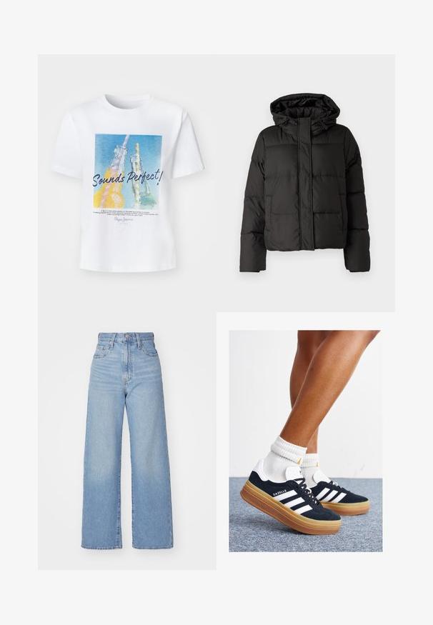 Casaco puffer preto com capuz, fecho frontal com zip e padrão acolchoado, com punhos elásticos. Feito de material sintético liso.; T-shirt de algodão branca com um gráfico colorido de duas garrafas de vidro com palhinhas e o texto "Sounds Perfect!" em uma fonte em negrito.; Jeans de cintura alta e perna larga em azul claro, com fecho frontal de botão e zíper, bolsos frontais e traseiros, sobre um fundo branco.; Ténis de camurça preta com riscas e detalhes brancos, biqueira arredondada, sola em borracha cor de goma, combinados com meias brancas caneladas até à altura do tornozelo.