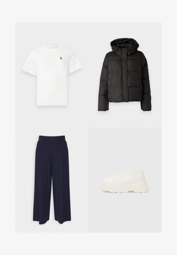Casaco puffer preto com capuz, fecho frontal com zip e padrão acolchoado, com punhos elásticos. Feito de material sintético liso.; Camiseta branca de mangas curtas com um pequeno urso de peluche castanho bordado na área do peito esquerdo. Design simples e casual.; Calças largas em tecido azul-marinho escuro com uma textura ribada. Apresenta uma cintura suave e uma silhueta fluida, atingindo o comprimento até metade da panturrilha.; Sapatilhas brancas em lona com sola espessa, biqueira arredondada e cinco ilhós para atacadores. Laço traseiro para calçar facilmente. Textura suave, design minimalista.