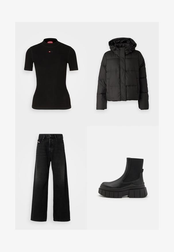 Schwarze Daunenjacke mit Kapuze, Reißverschluss auf der Vorderseite, gestepptem Muster und elastischen Bündchen. Hergestellt aus glattem Synthetikmaterial.; Schwarzes Kurzarmoberteil aus geripptem Stoff, mit einem hohen Kragen und einem kleinen roten Diesel-Logo auf der Brust. Glatte Textur und figurbetonte Form.; Schwarz hochgeschnittene Jeans mit weitem Bein aus Denim, ausgestattet mit einem Knopfverschluss, vorderen Taschen und einer verwaschenen Textur.; Schwarze Knöchelstiefel aus glattem Leder mit elastischen Seitenpaneelen, einer klobigen Plateausohle und einem strukturierten Profilmuster.