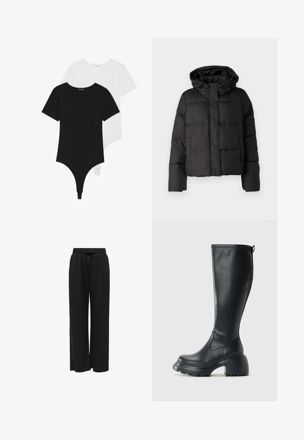 Black puffer jacket with a hood, zip front closure, quilted pattern, and elastic cuffs. Made from smooth synthetic material.; Black and white short-sleeve bodysuits with round necklines and thong bottoms, made from smooth, stretchable fabric.; Black wide-leg pants made from soft fabric, featuring a stretchy waistband with a drawstring for adjustable fit. No patterns or accents.; Tall black leather boot with chunky platform sole and block heel, featuring pull tab and textured tread on outsole.