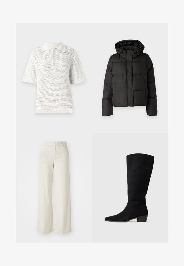 Svart pufferjakke med hette, glidelås foran, quiltet mønster og elastiske ermer. Laget av glatt syntetisk materiale.; Hvit kortermet polo skjorte laget av lett strikket stoff. Har et teksturert mønster, krage og tre knappestolper.; Bredde bukser i en lys beige farge, laget av et glatt stoff. Har en klassisk linning og flat front med rene linjer.; Svart semsket knelang støvel med lav blokkheel og spiss tå, vist i sidevisning på en enkel lys grå bakgrunn.