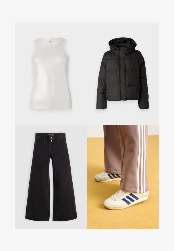 Must musterk jacket, millede, tõmbluku ees sulgemine, tikandmuster ja elastsed mansetid. Valmistatud siledast sünteetilisest materjalist.; Kreemivärvi kampsun särk, mis on loodud sobituvaks, ribakujuline tekstuur, õlavarrevaba lõige ja peen sära, esitades lihtsa ümmarguse kaeluse.; Laiad teksad mustast denimist, millel on lukuga eesmine osa, viie taskuga disain ja peened õmblusdetailid. Sile tekstuur ja juhuslik stiil.; Kreemikaded siniste seemisribade, valgete paelte ja kummitaldadega. Kombineeritud hallide dressipükstega, millel on valged küljeribad.