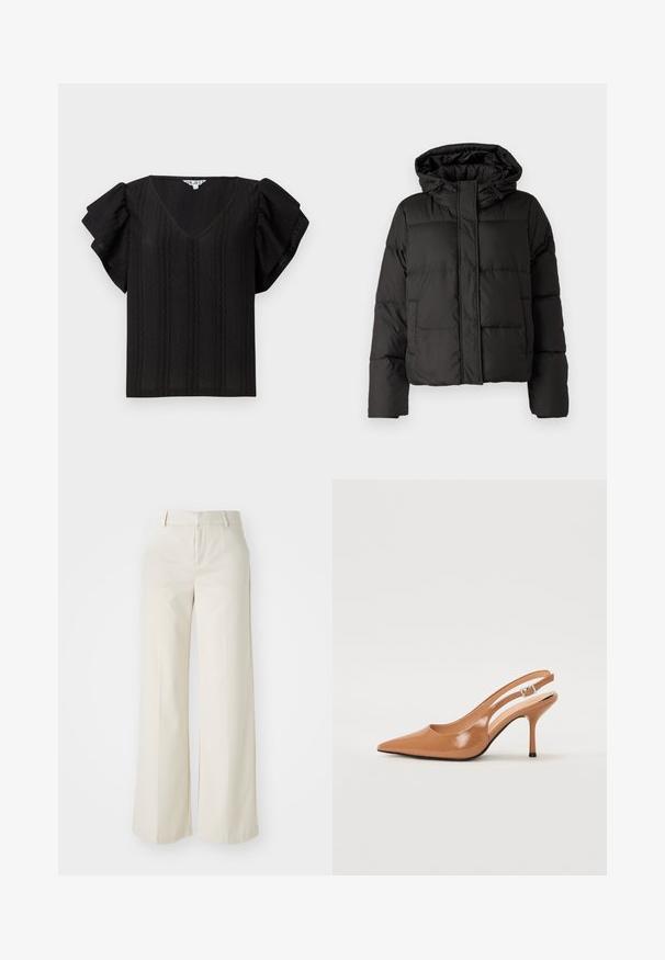 Fekete puffernadrág kapucnival, elöl cipzárral záródik, steppelt mintázattal és elasztikus mandzsettákkal rendelkezik. Simább szintetikus anyagból készült.; Fekete, V-nyakú top, rövid fodros ujjak és textúrált függőleges csíkok jellemzik. Könnyű anyagból készült. Egyszerű, laza fazonú.; Világos bézs színű, széles lábú nadrág, sima anyagból készült. Klasszikus derékrésszel és lapos elülső résszel, letisztult vonalakkal rendelkezik.; Fingerszűk, hegyes orrú, háttámlás sarokcipő sima, fényes barnás anyagból. Íves kivágású dizájn és karcsú stiletto sarkú. Ezüst csattal ellátva.