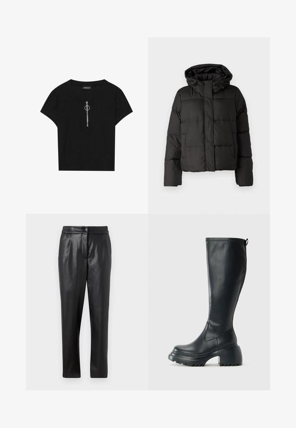 Melna pūkainā jaka ar kapuci, ar rāvējslēdzēju priekšpusei, ar izšūtu rakstu un elastīgām aprocēm. Izgatavota no gludas sintētiskas vielas.; Melnā ribota īsām piedurknēm tops ar apaļu kakla izgriezumu un priekšējo rāvējslēdzēju ar metāla gredzenu, izgatavots no teksturētas auduma.; Melni ādas bikses ar gludu tekstūru, taisnu piegriezumu, elastīgu jostasvietu un priekšējo pogu aizdari; ar krokām un sašaurinātām kājām.; Augstas melnas ādas zābakus ar masīvu platformu un bloka papēdi, ar vilkšanas cilpu un strukturētu profilu uz ārējā zoles.