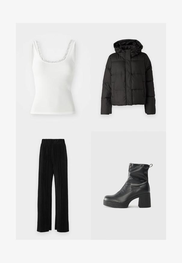 Geacă puffer neagră cu glugă, închidere cu fermoar în față, model matlasat și manșete elastice. Realizată din material sintetic neted.; Top alb cu dungi, cu decolteu în formă de cerc, decorat cu dantelă delicată. Design fără mâneci, cu o siluetă ajustată.; Pantaloni negri plisati cu talie elastică. Prezintă picioare largi și un material neted, texturat, cu dungi verticale.; Bocanci negri de glezna din piele netedă, cu fermoar lateral, toc texturat și masiv, și design cu vârf rotund.