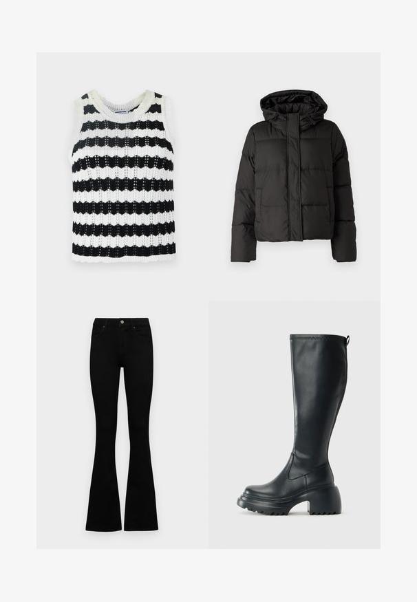 Čierna prešívaná bunda s kapucňou, so zipsom vpredu, prešívaným vzorom a elastickými manžetami. Vyrobená z hladkého syntetického materiálu.; Čierny a biely pruhovaný bezrúškový pletený top s okrúhlym výstrihom, s textúrovaným vzorom a volánovým lemom.; Čierne vysoké nohavice s gombíkom a zipsom, predné vrecká a rozšírené nohavice položené na bielom pozadí.; Vysoká čierna kožená čižma s masívnou platformou a blokovým podpätkom, s praktickým pútkom a textúrovaným vzorom na podošve.