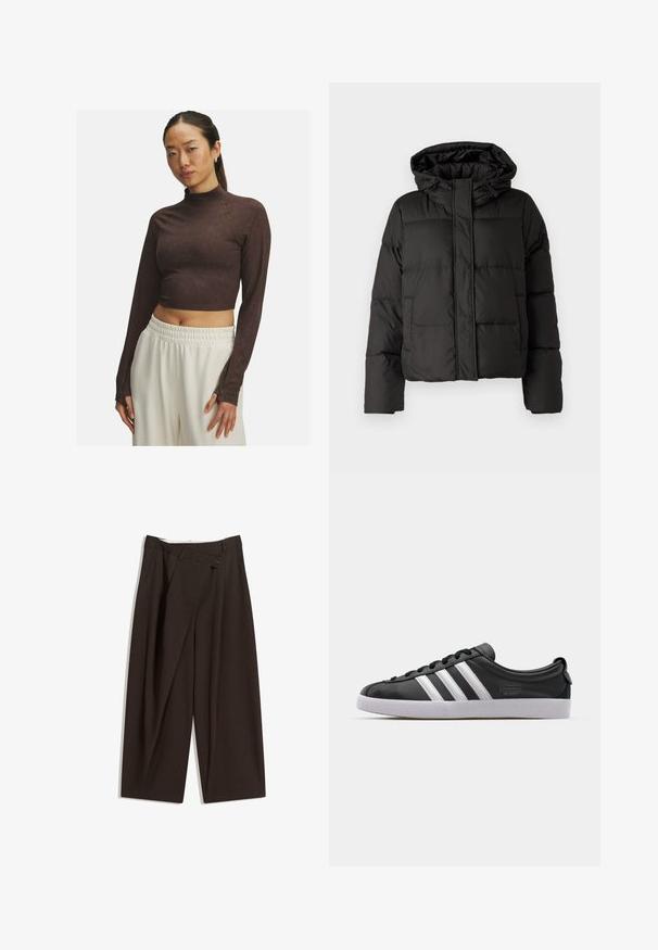Schwarze Daunenjacke mit Kapuze, Reißverschluss auf der Vorderseite, gestepptem Muster und elastischen Bündchen. Hergestellt aus glattem Synthetikmaterial.; Brauner, taillierter Langarmoberteil mit Stehkragen, aus glattem Stoff gefertigt, mit einer figurbetonten Passform und dezenten Steppnähten. Weiße Hose mit elastischem Bund.; Dunkelbraune, weite Hosen mit hohem Bund, die über einen einzigen Knopfverschluss und eine gefaltete Vorderseite verfügen. Hergestellt aus leichtem Stoff.; Schwarze Ledersneaker mit weißem Drei-Streifen-Design, runder Spitze, flacher weißer Gummisohle und Markenlogo an der Seite.