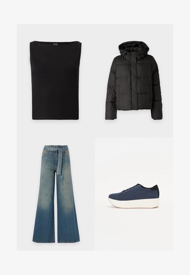 Black puffer jacket with a hood, zip front closure, quilted pattern, and elastic cuffs. Made from smooth synthetic material.; Black fitted top with a square neckline, made of soft cotton material, featuring no additional patterns or accents. Simple and plain design.; Wide-leg denim trousers featuring a light to dark blue gradient, high waist, belt loops, and a matching fabric belt. Textured denim finish.; Navy blue sneaker with a textured fabric upper, white platform sole, rounded toe, and black heel accent. Features six eyelets for laces.