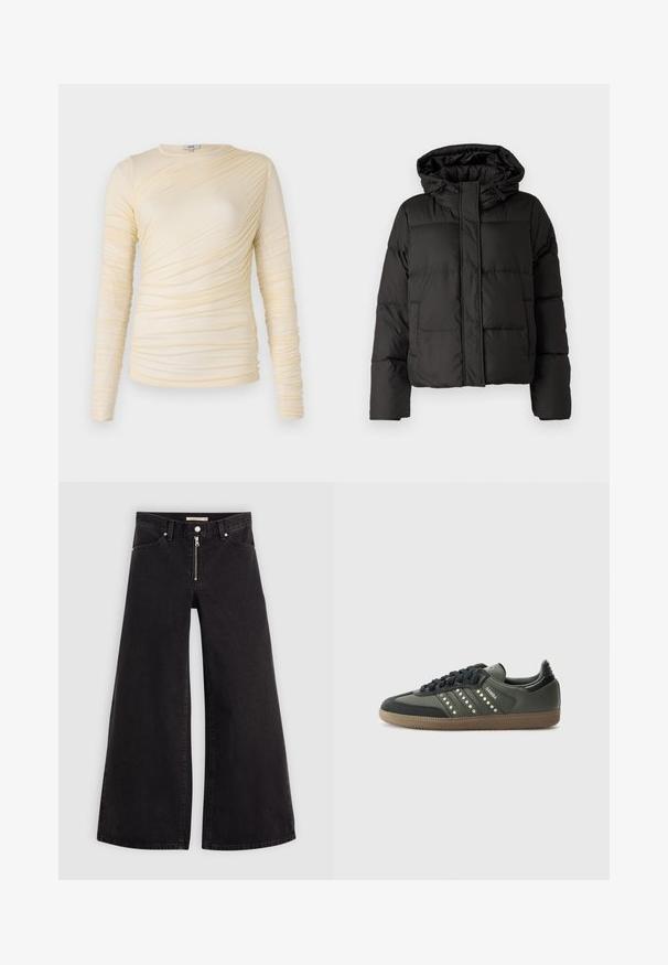 Čierna prešívaná bunda s kapucňou, so zipsom vpredu, prešívaným vzorom a elastickými manžetami. Vyrobená z hladkého syntetického materiálu.; Krémová blúzka s dlhým rukávom, ktorá má zriasenú textúru a mierne priliehavý strih. Mäkkučký materiál s okrúhlym výstrihom a hladkými švami.; Dlhé nohavice vo voľnom strihu z čierneho denimu so zipsom vpredu, päť vrecúškovým dizajnom a jemnými stehovými detailmi. Hladká textúra a neformálny štýl.; adidas Originals SAMBA OG - Tenisky - core black/legend earth/gum