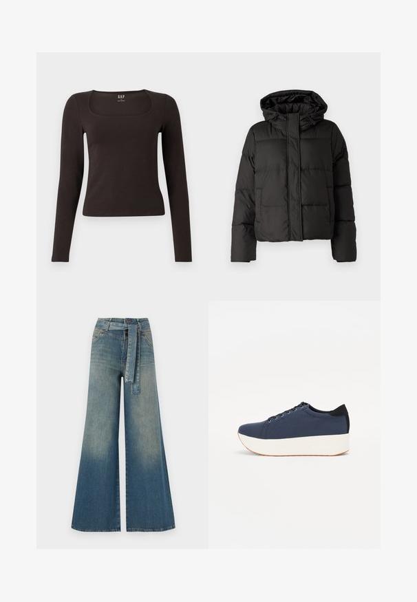 Sort pufferjakke med hætte, lynlås foran, quiltet mønster og elastiske manchetter. Fremstillet af glat syntetisk materiale.; Sort langærmet, tætsiddende top med firkantet halsudskæring, mærket GAP, præsenteret mod en hvid baggrund.; Bredbens-denimbukser med en lys til mørk blå gradient, høj talje, bælteløkker og et matchende stofbælte. Tekstureret denimfinish.; Mørkeblå sneakers med en struktureret stofoverdel, hvid platformssål, rund tå og sort hælakkent. Har seks snøreøjer til snørebånd.