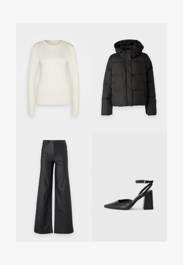 Juodas pūkinis džinsas su kapišonu, užtrauktuku priekyje, siuvinėtu raštu ir elastingais rankogaliais. Pagamintas iš lygios sintetinės medžiagos.; Ilga rankovė kreminės spalvos palaidinė, pagaminta iš švelnaus medvilnės, su apvaliu kaklu, prigludusia siluetu ir siuvinėtu apvadu bei rankogaliais.; Juodos, plačios kelnės iš dirbtinės odos. Yra aukštas liemuo, kilpelės diržui, dvi priekinės kišenės ir siuvinėti detalėmis.; Juoda odinė smailiagalė aukštakulnio bateliai su kulkšnies dirželiu ir storu kulnu. Lygus paviršius, elegantiškas dizainas ir minimalistiška estetinė.