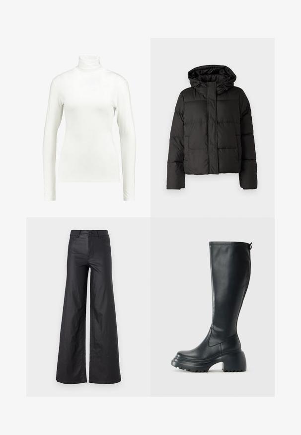 Schwarze Daunenjacke mit Kapuze, Reißverschluss auf der Vorderseite, gestepptem Muster und elastischen Bündchen. Hergestellt aus glattem Synthetikmaterial.; Kaffe YOKO ROLLNECK LS - Langarmshirt - chalk; Schwarze, weit geschnittene Hose aus einem Kunstledermaterial. Mit hoher Taille, Gürtelschlaufen, zwei Fronttaschen und genähten Details.; Hoher schwarzer Lederstiefel mit einer robusten Plateausohle und Blockabsatz, der über eine Zuglasche und ein strukturiertes Profil an der Außensohle verfügt.