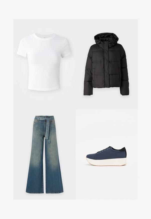 Black puffer jacket with a hood, zip front closure, quilted pattern, and elastic cuffs. Made from smooth synthetic material.; Plain white short-sleeve cropped t-shirt with round neckline, displayed on a neutral light background.; Wide-leg denim trousers featuring a light to dark blue gradient, high waist, belt loops, and a matching fabric belt. Textured denim finish.; Navy blue sneaker with a textured fabric upper, white platform sole, rounded toe, and black heel accent. Features six eyelets for laces.